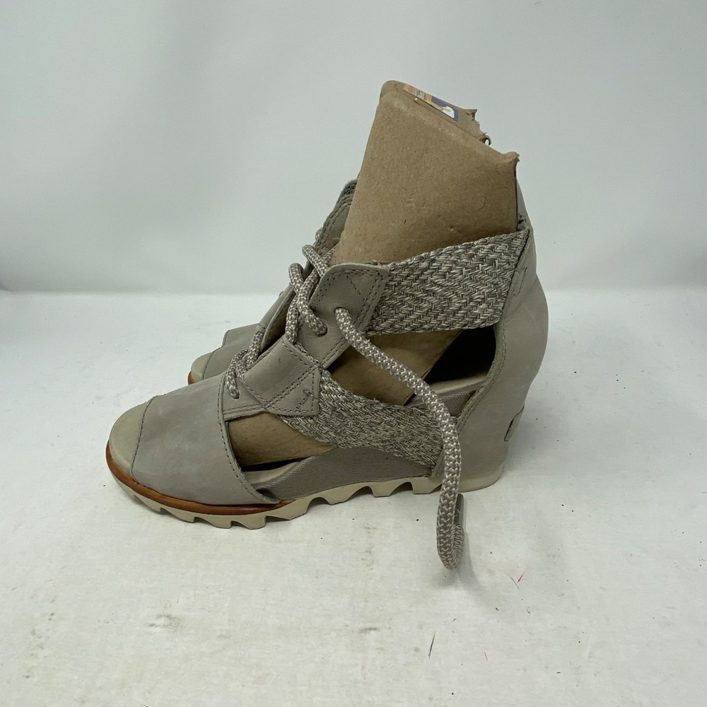 Sorel Joanie Wrap Wedge Womens 5.5 Gray Leather Sandal Cut Out NL2821-005